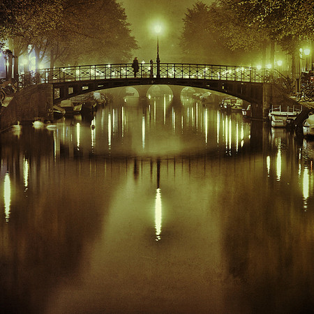 Misty bridge in Amsterdam